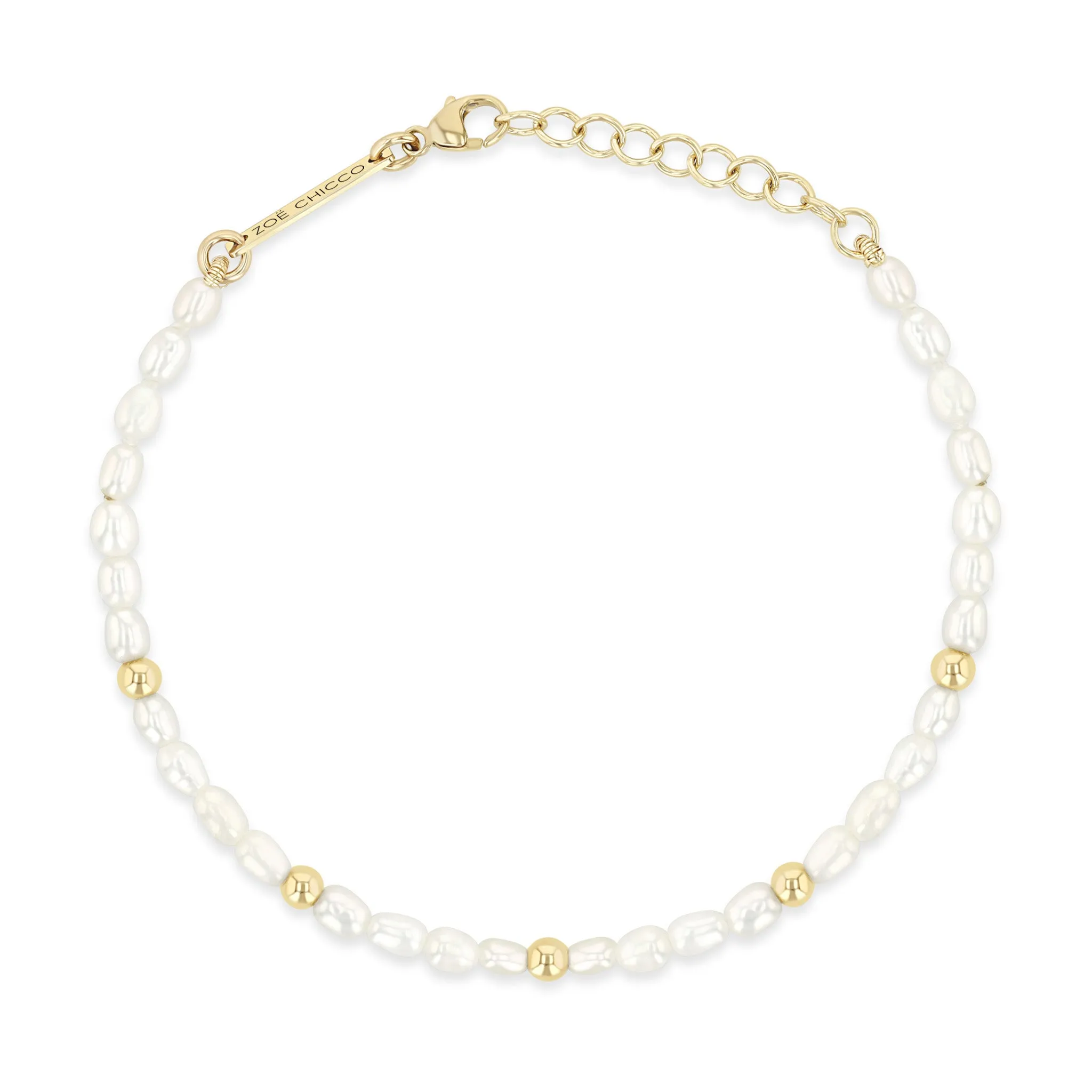 14k Gold Bead Station Rice Pearl Bracelet