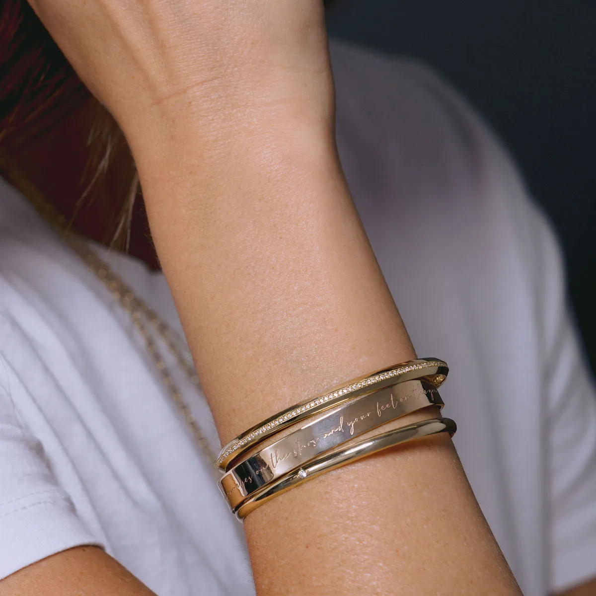 14k "keep your eyes on the stars and your feet on the ground" Mantra Wide Cuff Bracelet