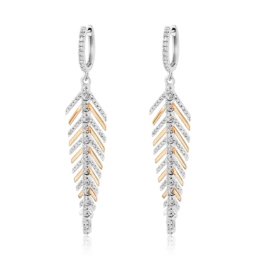 14K Two Tone Diamond Feather Earrings