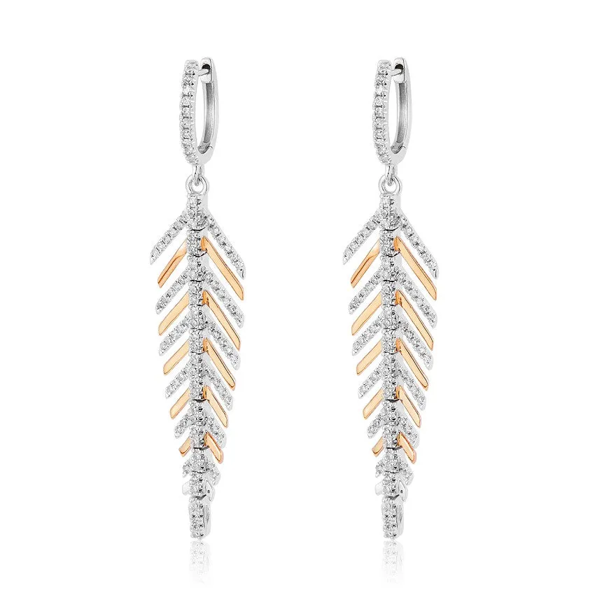 14K Two Tone Diamond Feather Earrings