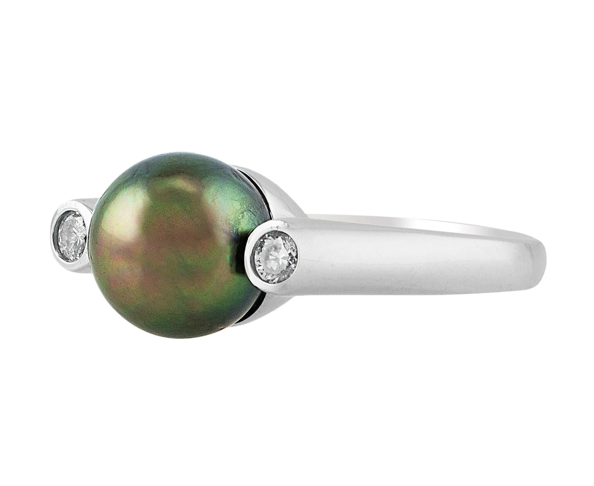 14k White Gold Modern Pearl and Diamond Ring