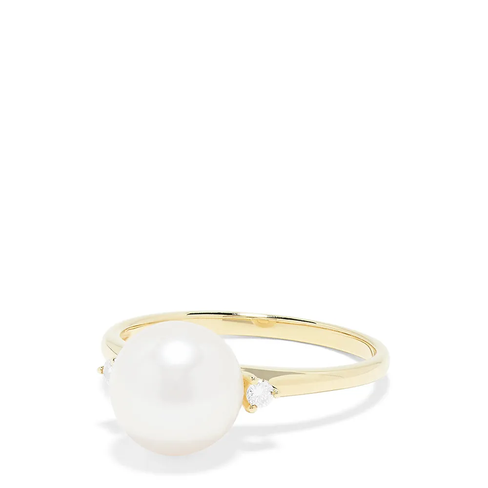 14K Yellow Gold Cultured Pearl and Diamond Accented Ring, 0.05 TCW