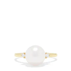 14K Yellow Gold Cultured Pearl and Diamond Accented Ring, 0.05 TCW