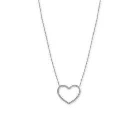 16"   2" Rhodium Plated Diamond Cut Heart Outline Necklace