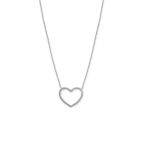 16"   2" Rhodium Plated Diamond Cut Heart Outline Necklace