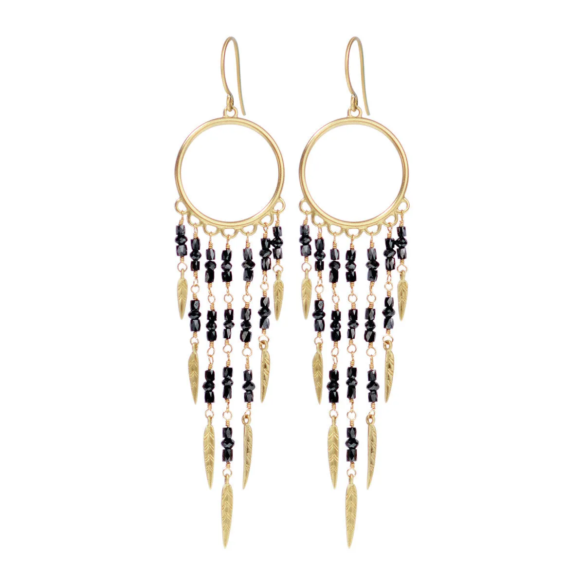 18K Gold Dream Catcher Earrings with Black Diamonds