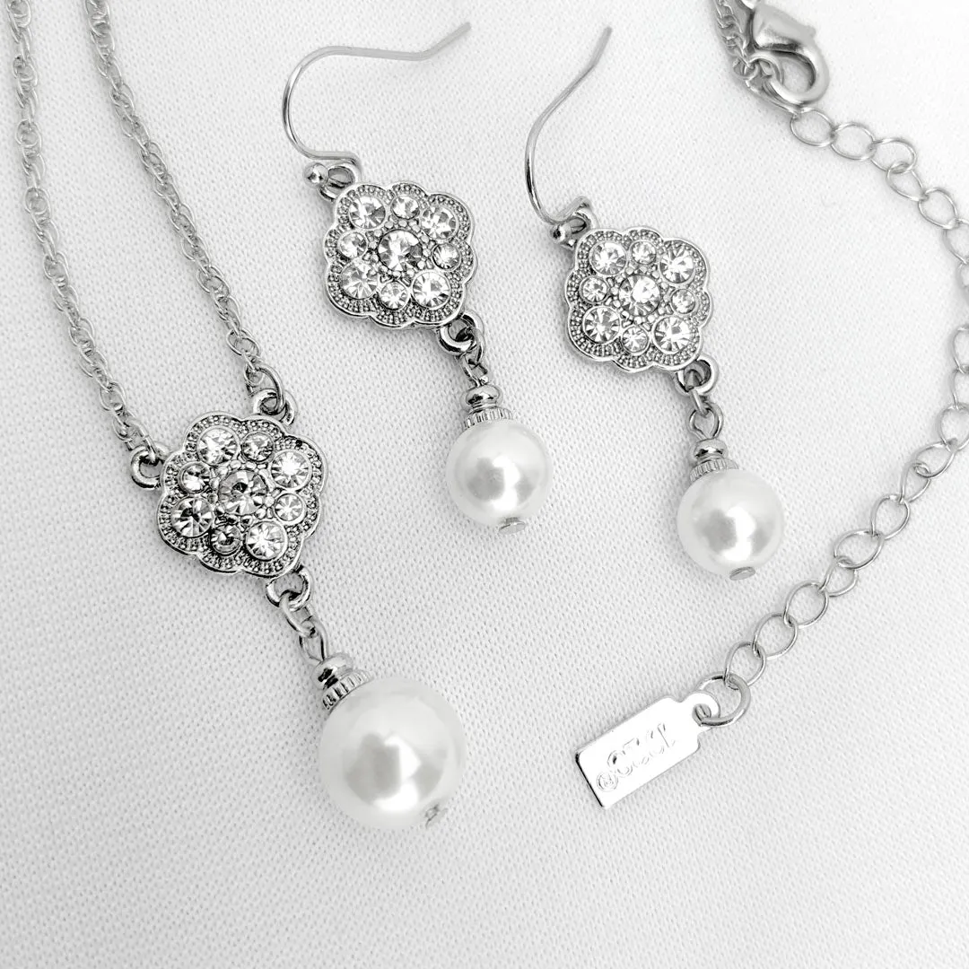 1928 Bridal Crystal Cluster And Faux Pearl Drop Earrings