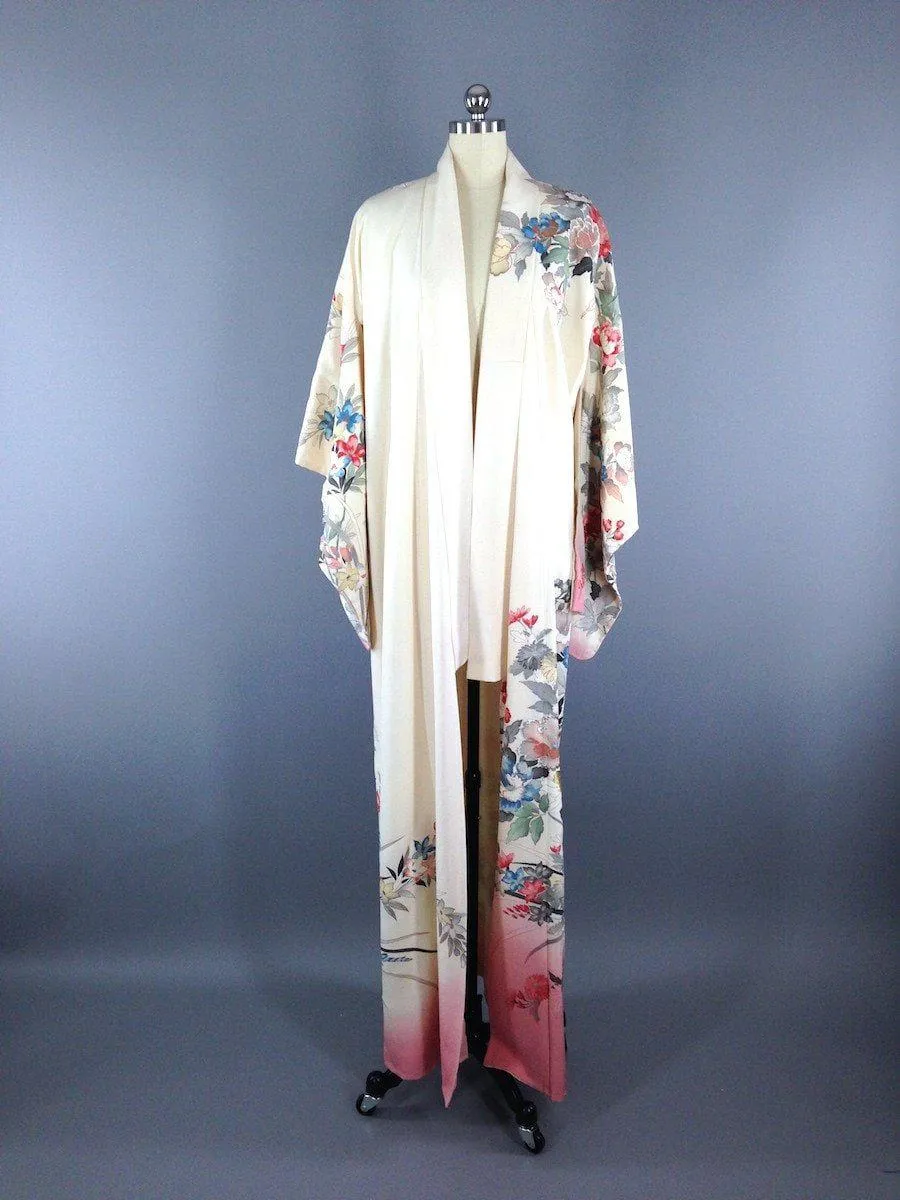 1940s Vintage Silk Kimono Robe / Ivory Rose