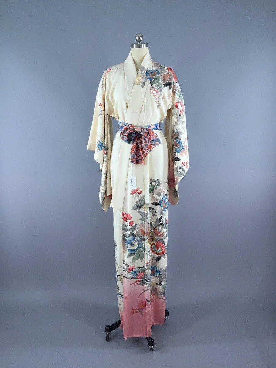 1940s Vintage Silk Kimono Robe / Ivory Rose