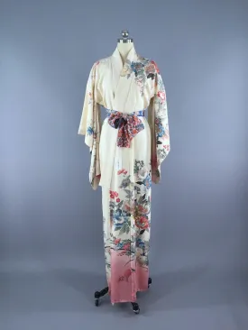 1940s Vintage Silk Kimono Robe / Ivory Rose