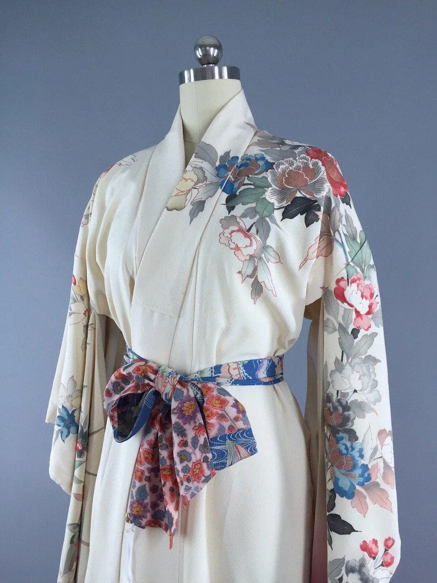 1940s Vintage Silk Kimono Robe / Ivory Rose