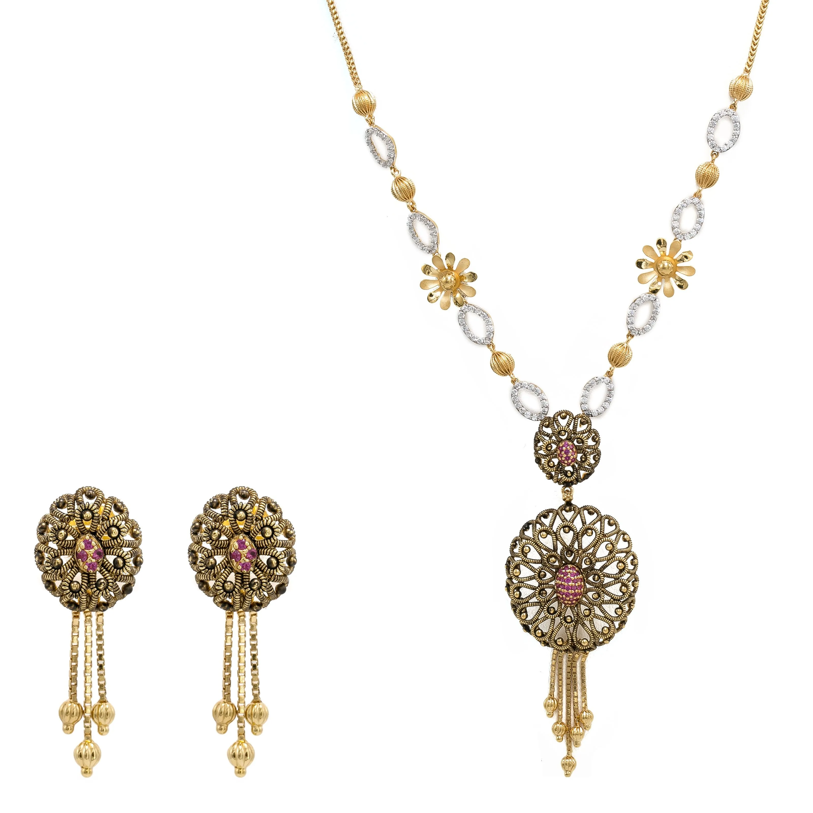 22K Multi Tone Gold Earrings & Necklace Set W/ Ruby, CZ Gems, Charms & Open Tassel Pendant