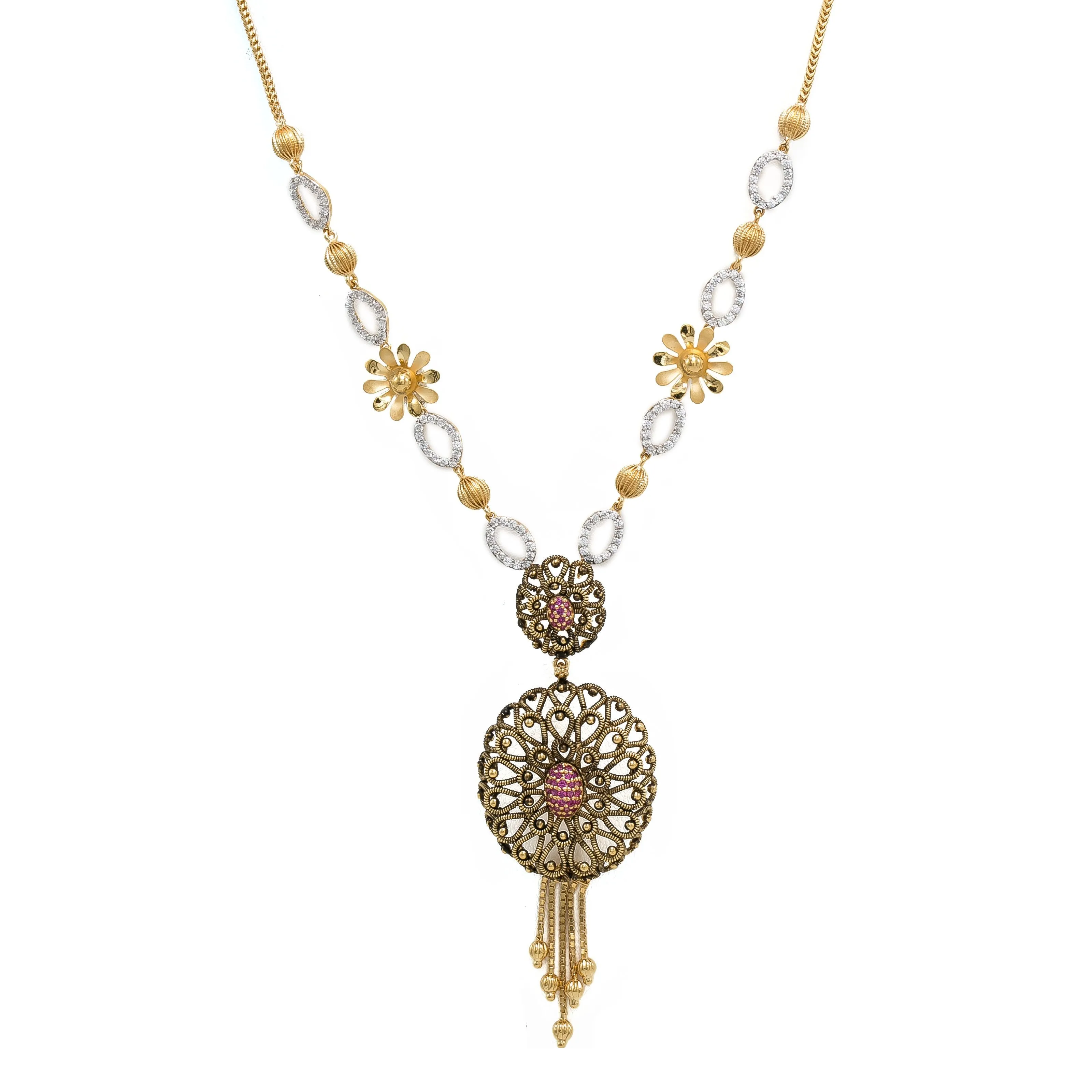 22K Multi Tone Gold Earrings & Necklace Set W/ Ruby, CZ Gems, Charms & Open Tassel Pendant