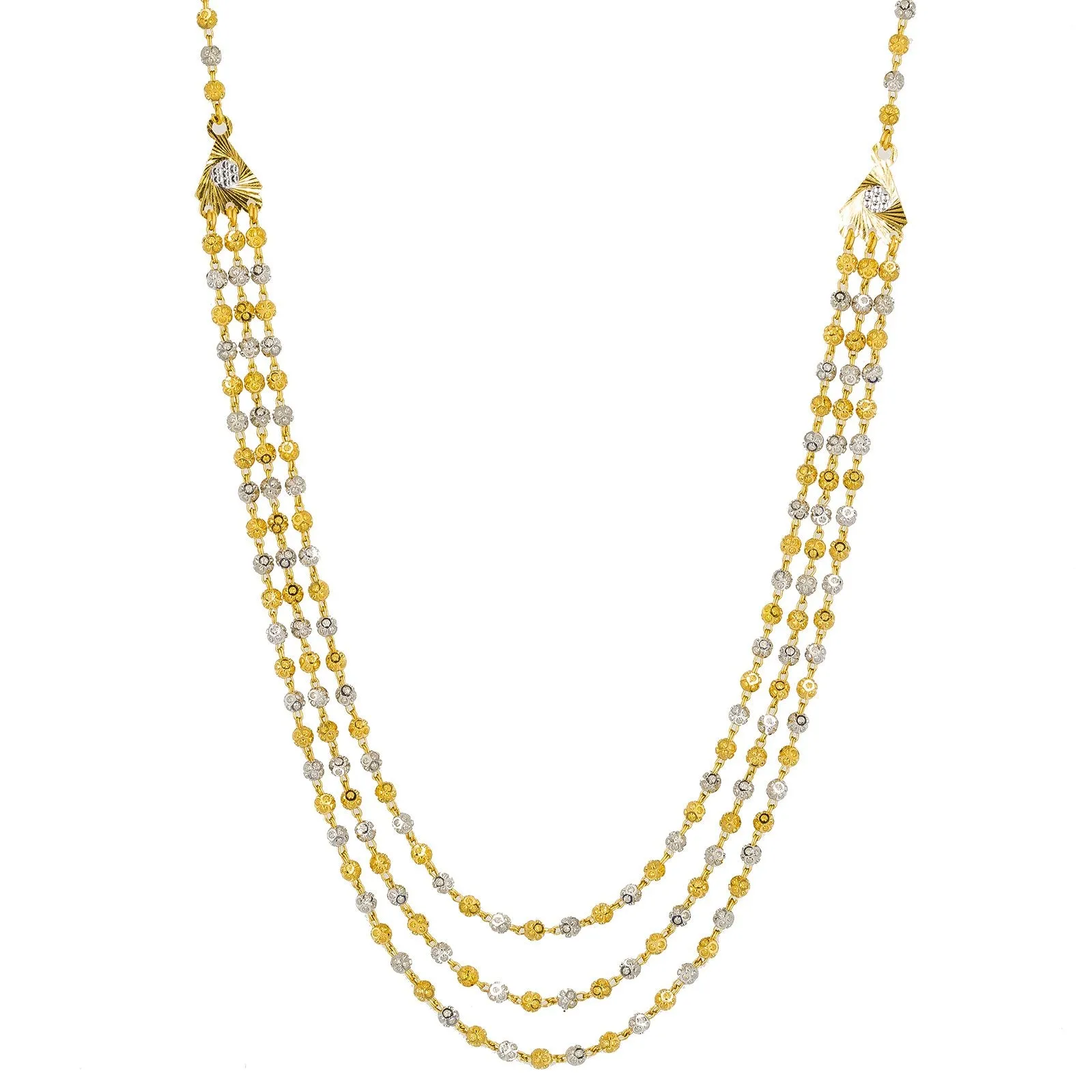 22K Multi Tone Gold Necklace & Earrings Set W/ Speckled Balls & Triangle Side Pendants