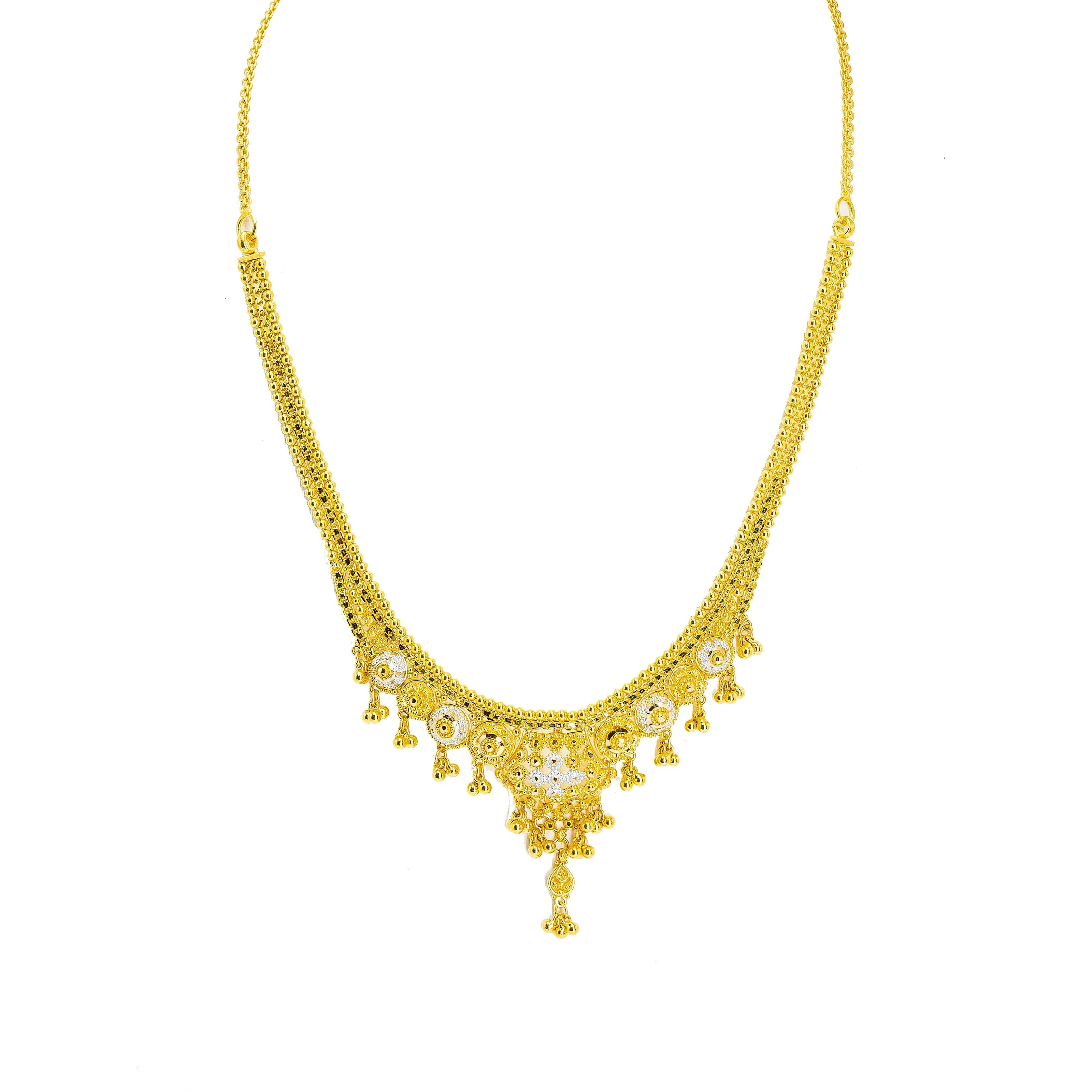 22K Multi Tone Gold Necklace & Earrings Set W/ Wide Royal Beaded Pendant & Hanging Gold Beads