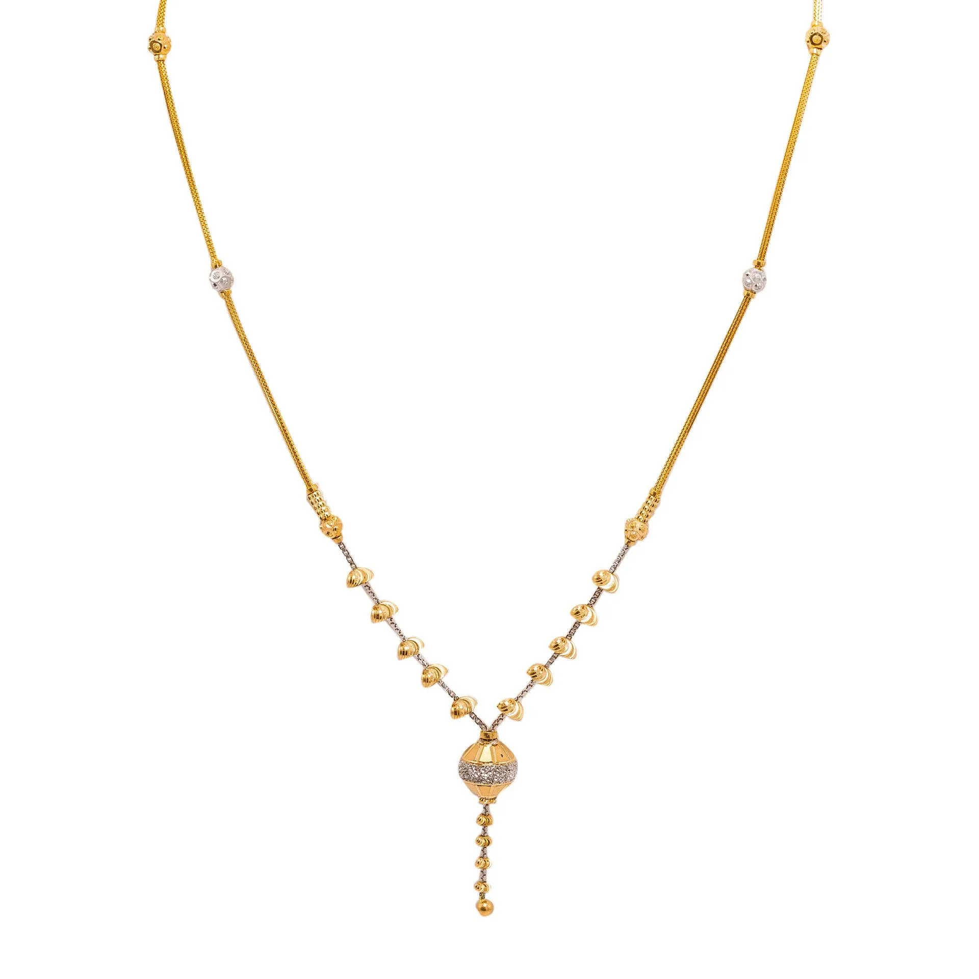 22K Multi Tone Gold Necklace W/ Textured Bead Lariat Pendant & Rounded Link Chain