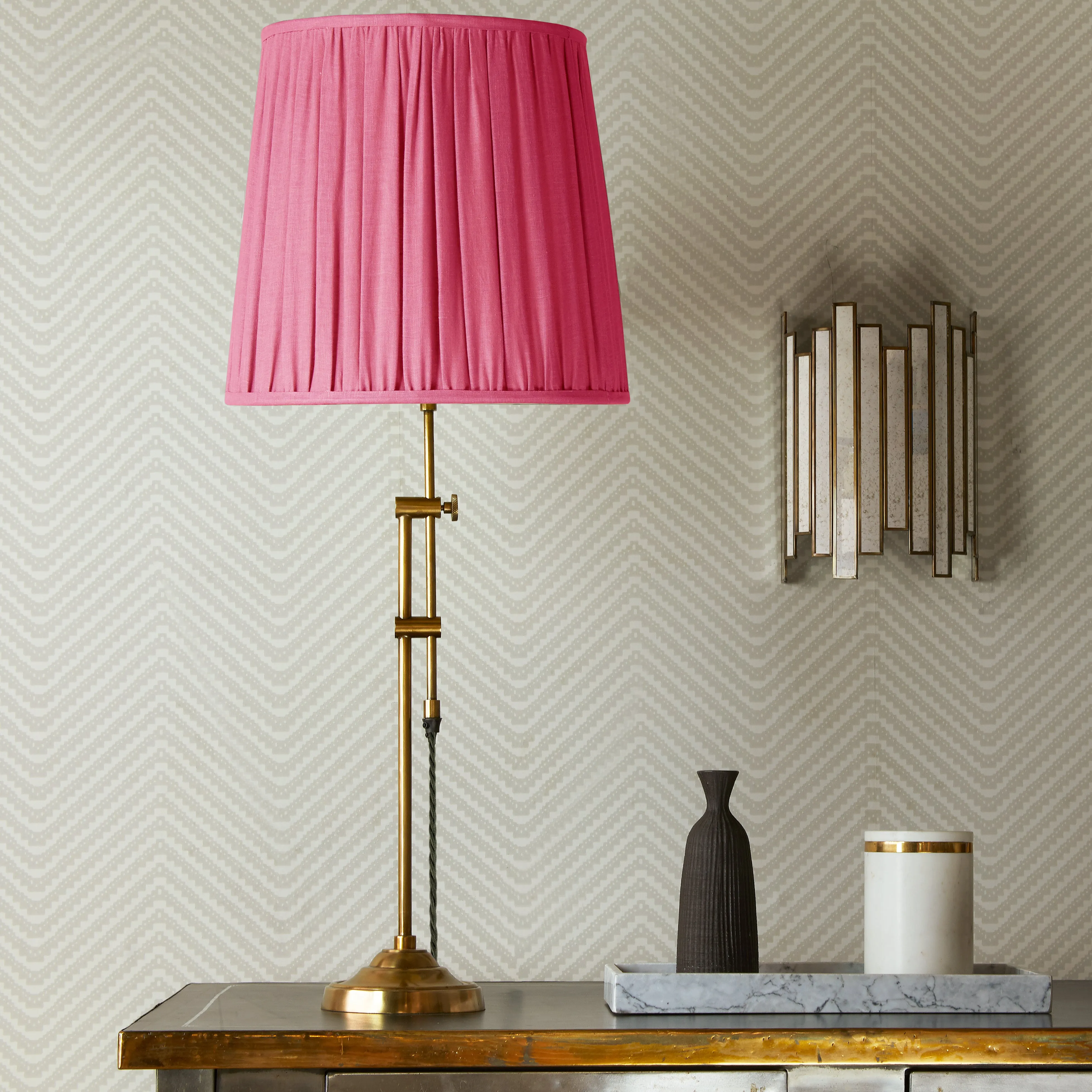 25cm tall tapered gathered lampshade in raspberry taj silk