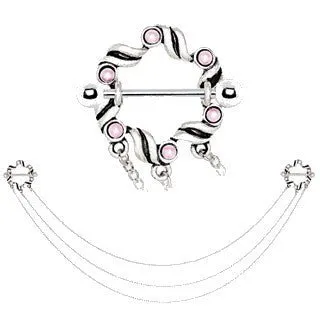 316L Stainless Steel Triple Chain Pink Ribbon Nipple Shields