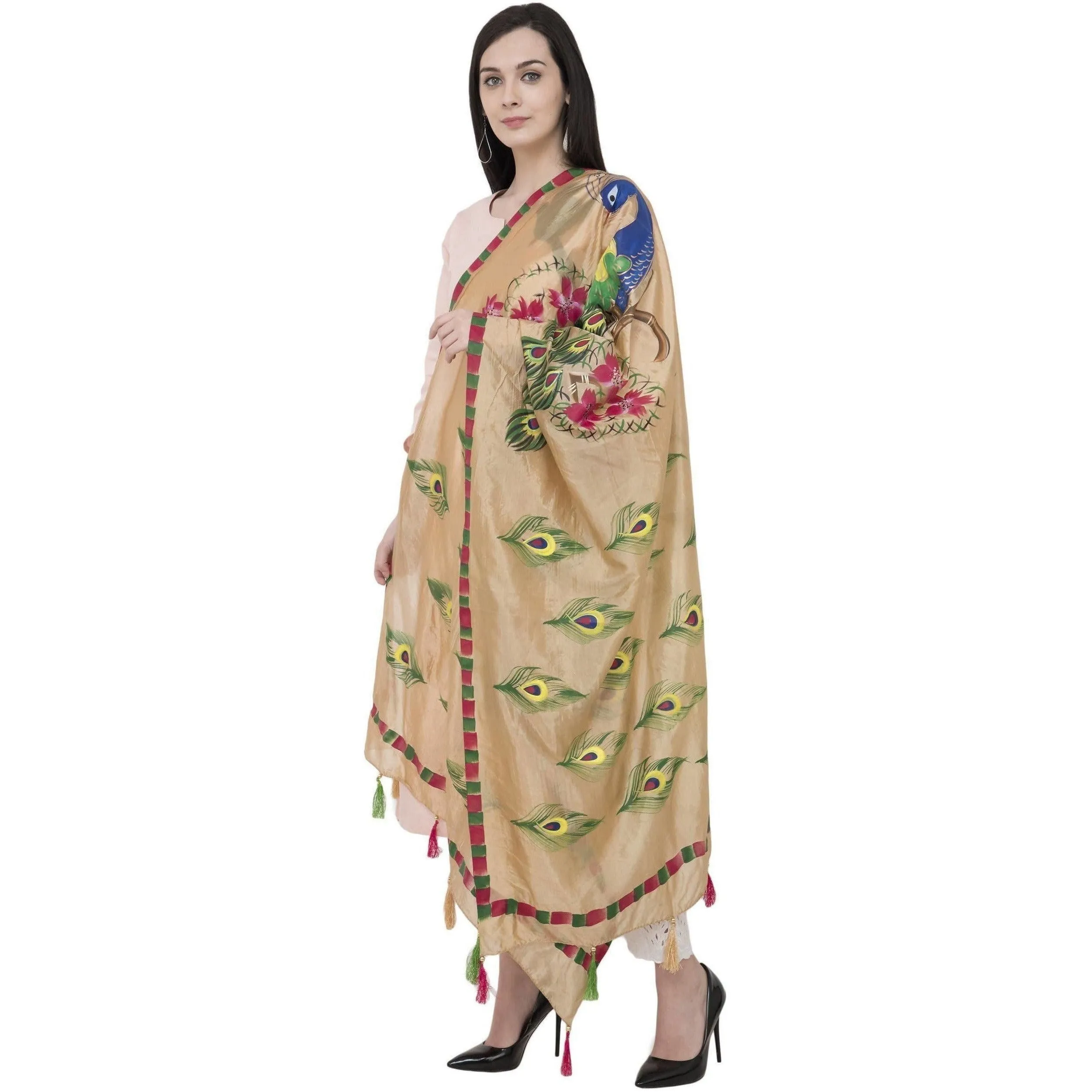 A R Silk Silk Peacock Multi Fancy Dupatta Color Golden Dupatta or Chunni