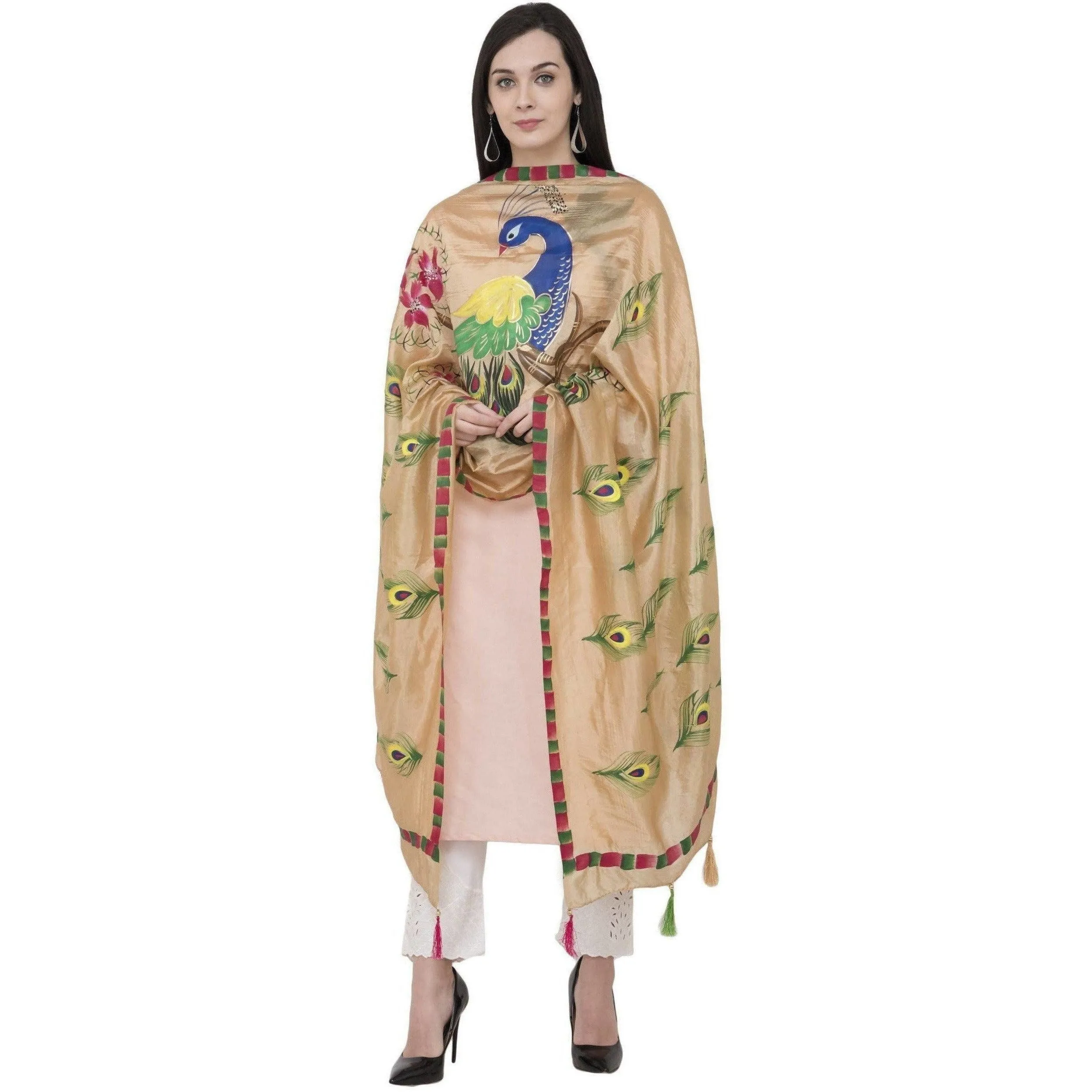 A R Silk Silk Peacock Multi Fancy Dupatta Color Golden Dupatta or Chunni