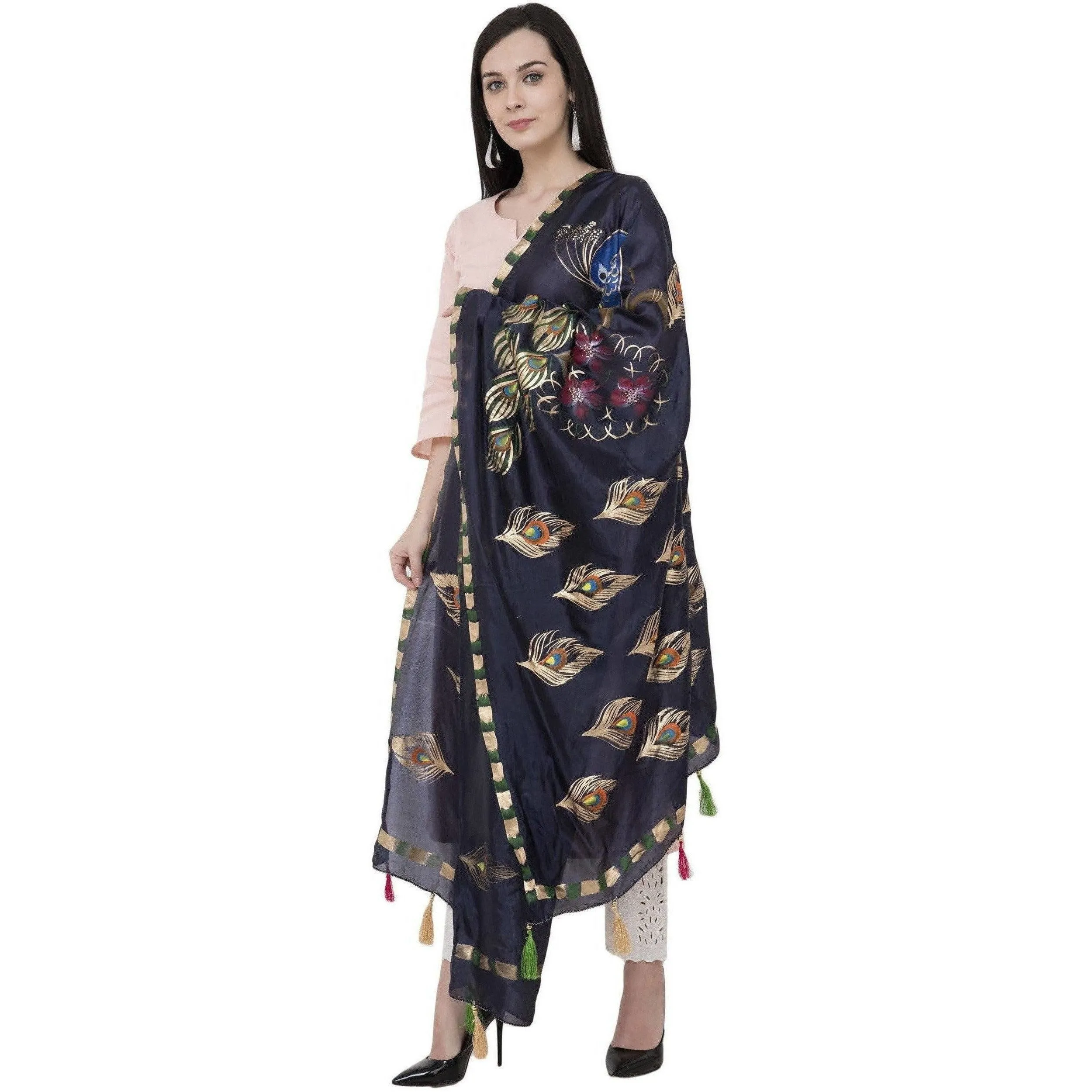 A R Silk Silk Peacock Multi Fancy Dupatta Color Navy Dupatta or Chunni