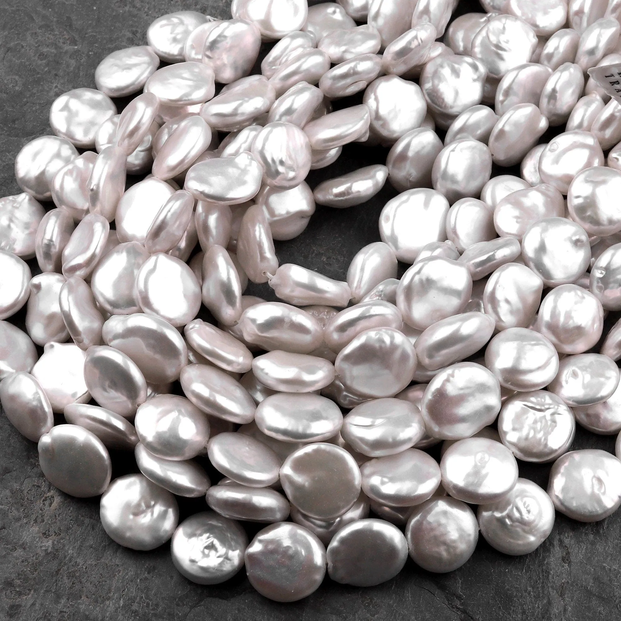 AA Natural White Coin Pearl 12mm Iridescent High Quality Real Genuine Freshwater Pearls 16" Strand