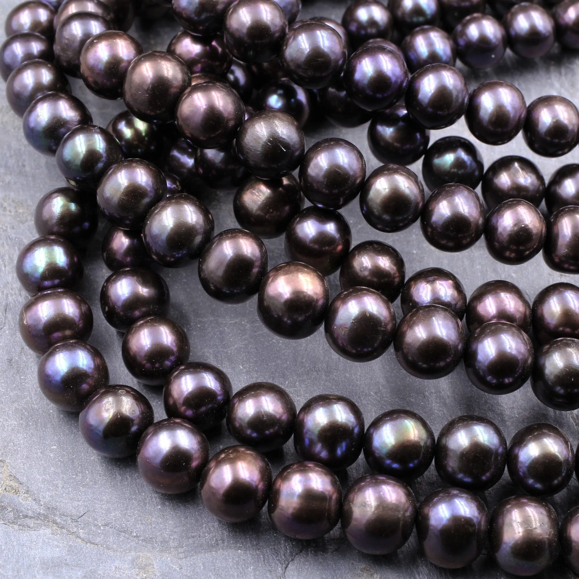 AAA Black Pearl 10mm Round Iridescent Real Genuine Freshwater Pearl 16" Strand