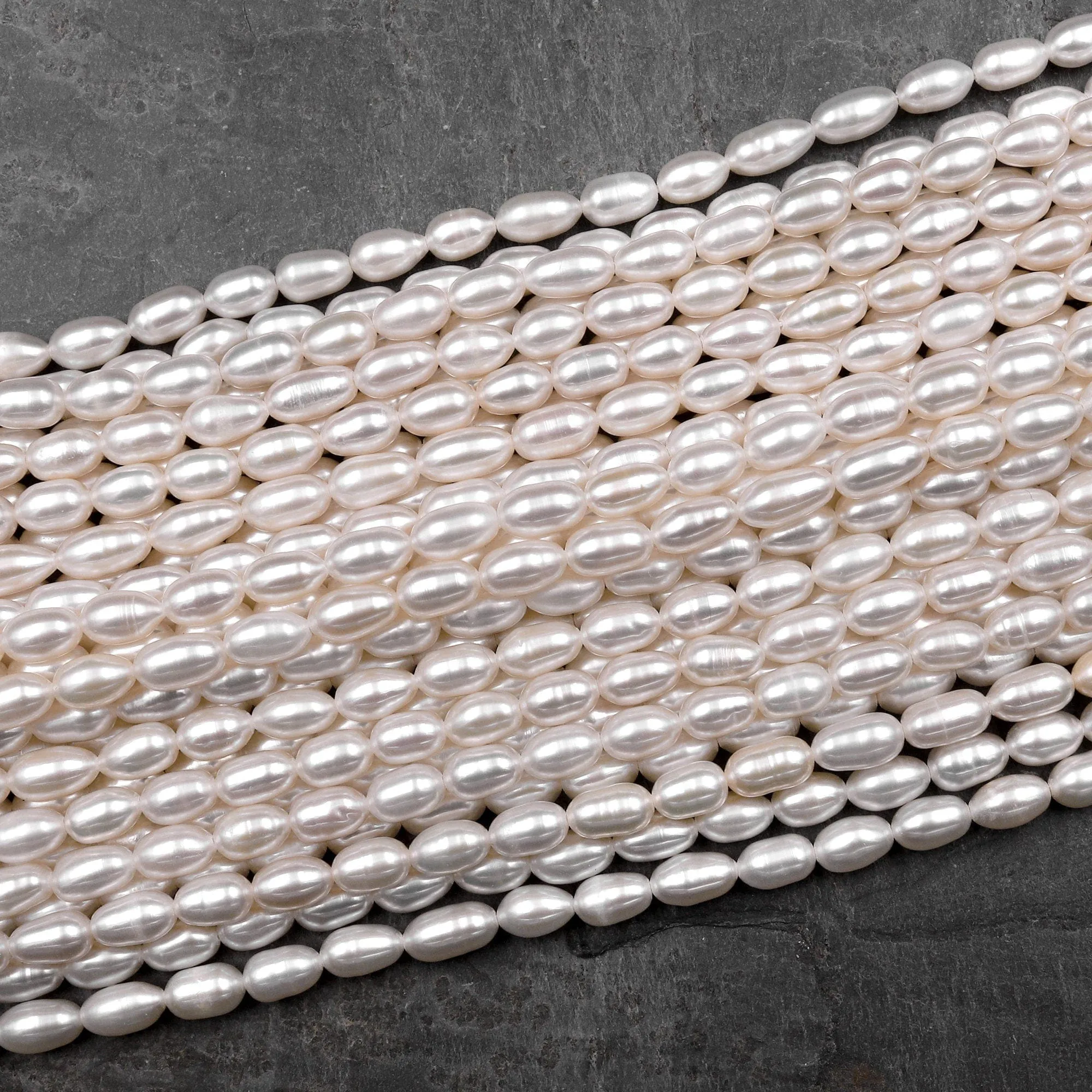 AAA Genuine White Freshwater Long Oval 6mm 8mm 10mm Pearl Shimmery Iridescent Classic White Pearl 15.5" Strand