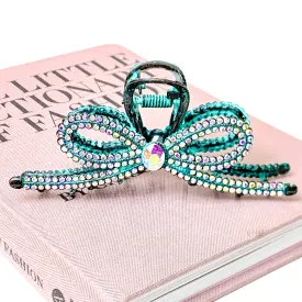 AB Crystal Embellished Ribbon Shaped Metal Hair Clip in Patina