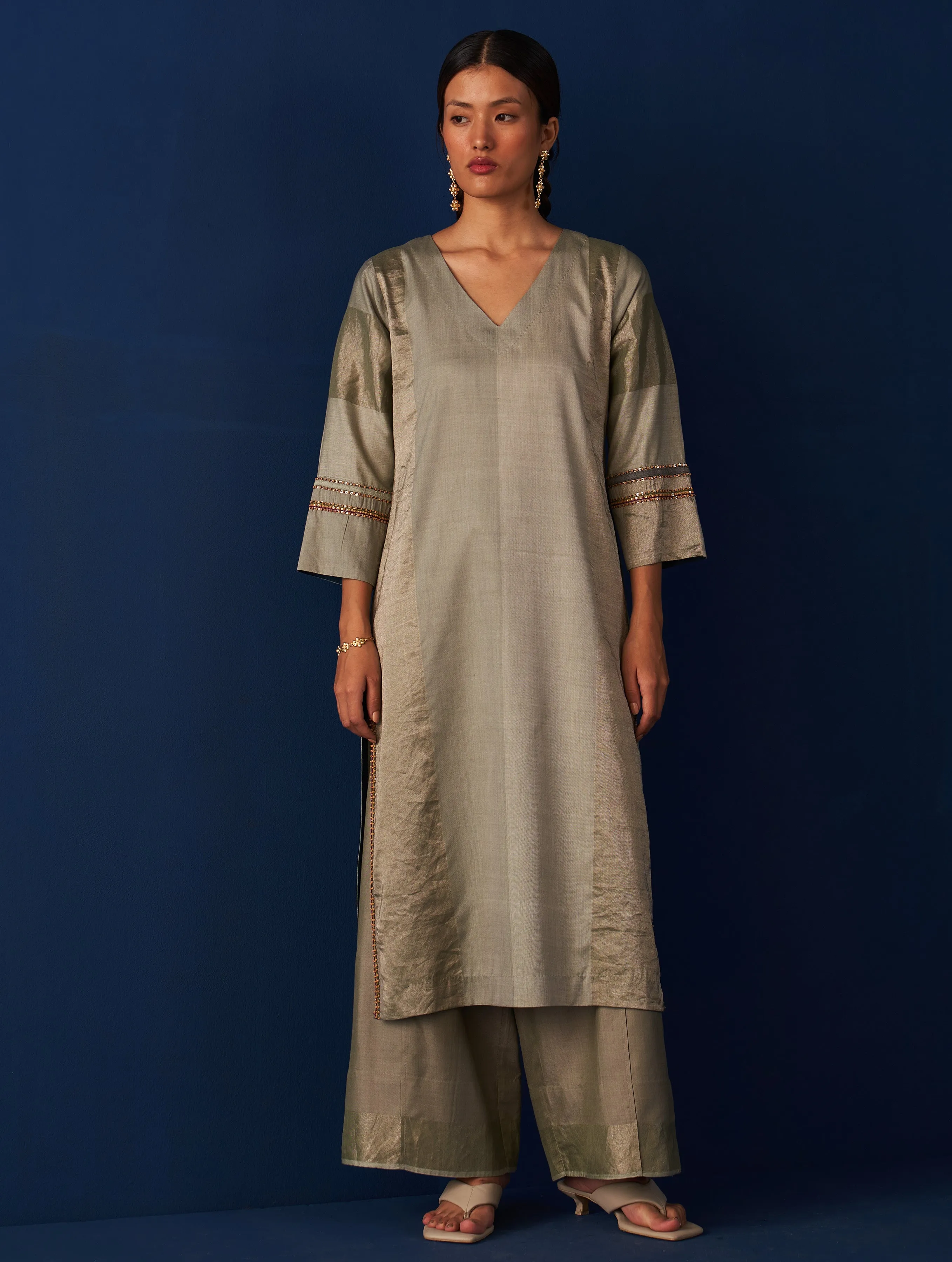 Abroo Silk Kurta Set - Sage Grey