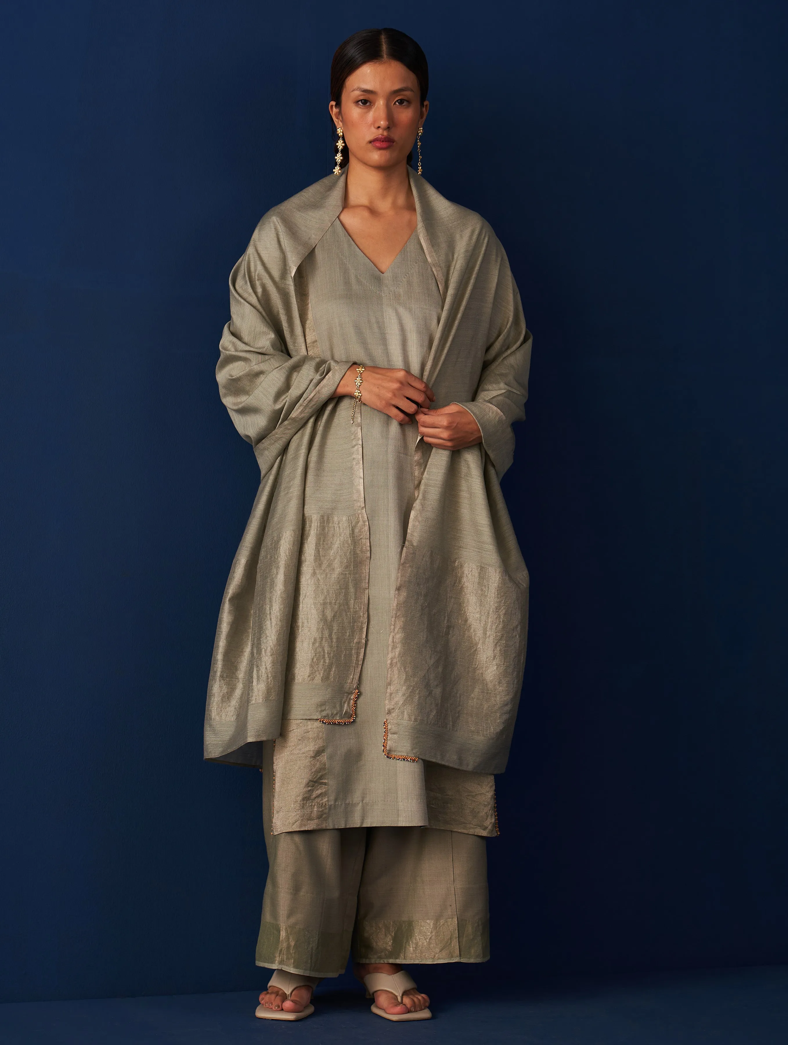 Abroo Silk Kurta Set - Sage Grey