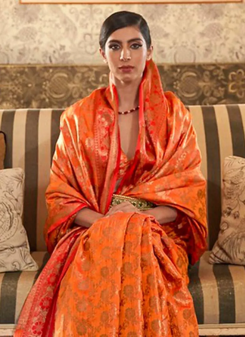 Aesthetic Silk Base Orange Color V-neck Blouse Silk Weave Saree