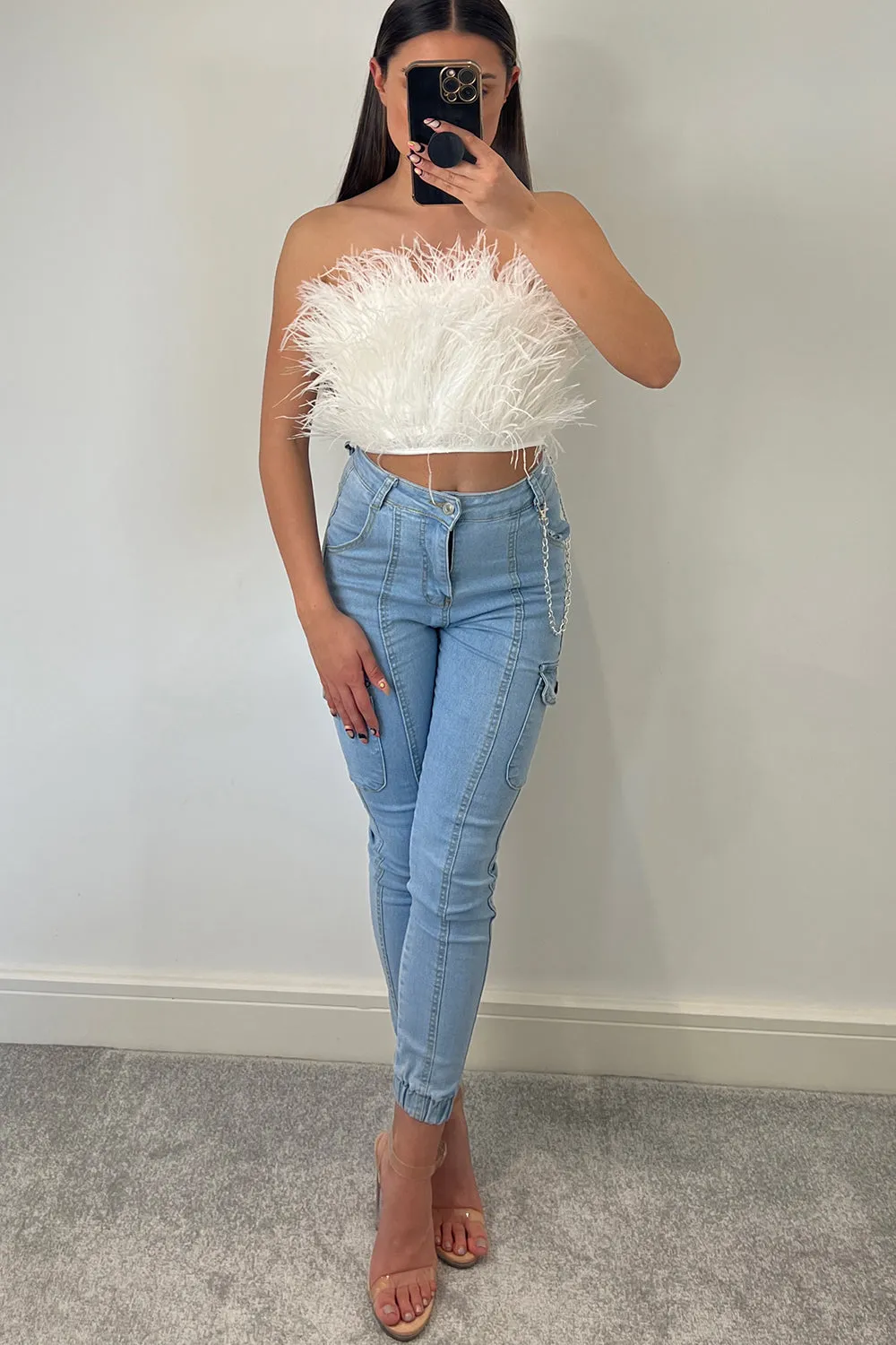 Alisa White Feather Bandeau Crop Top