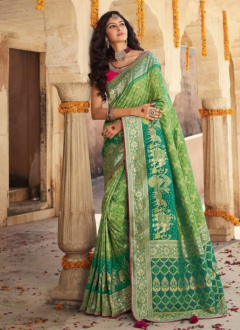 Alluring Silk Material Light Green Color Jewel Neck Blouse Saree