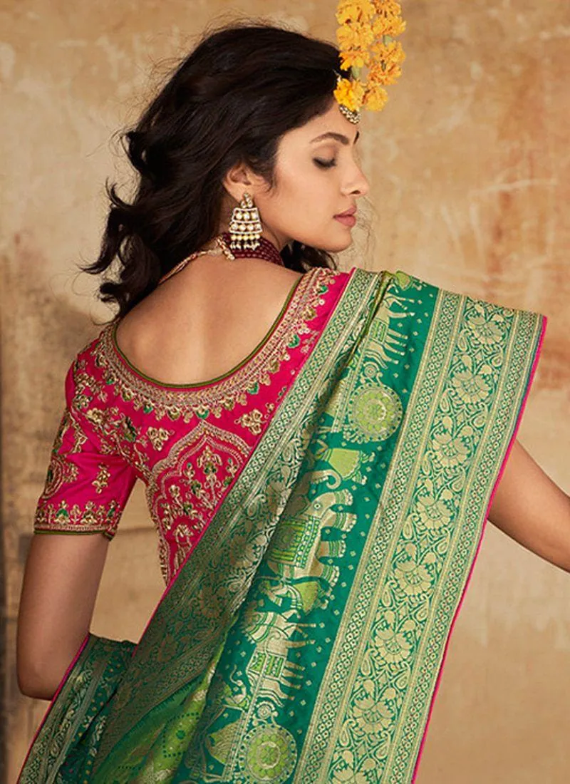 Alluring Silk Material Light Green Color Jewel Neck Blouse Saree