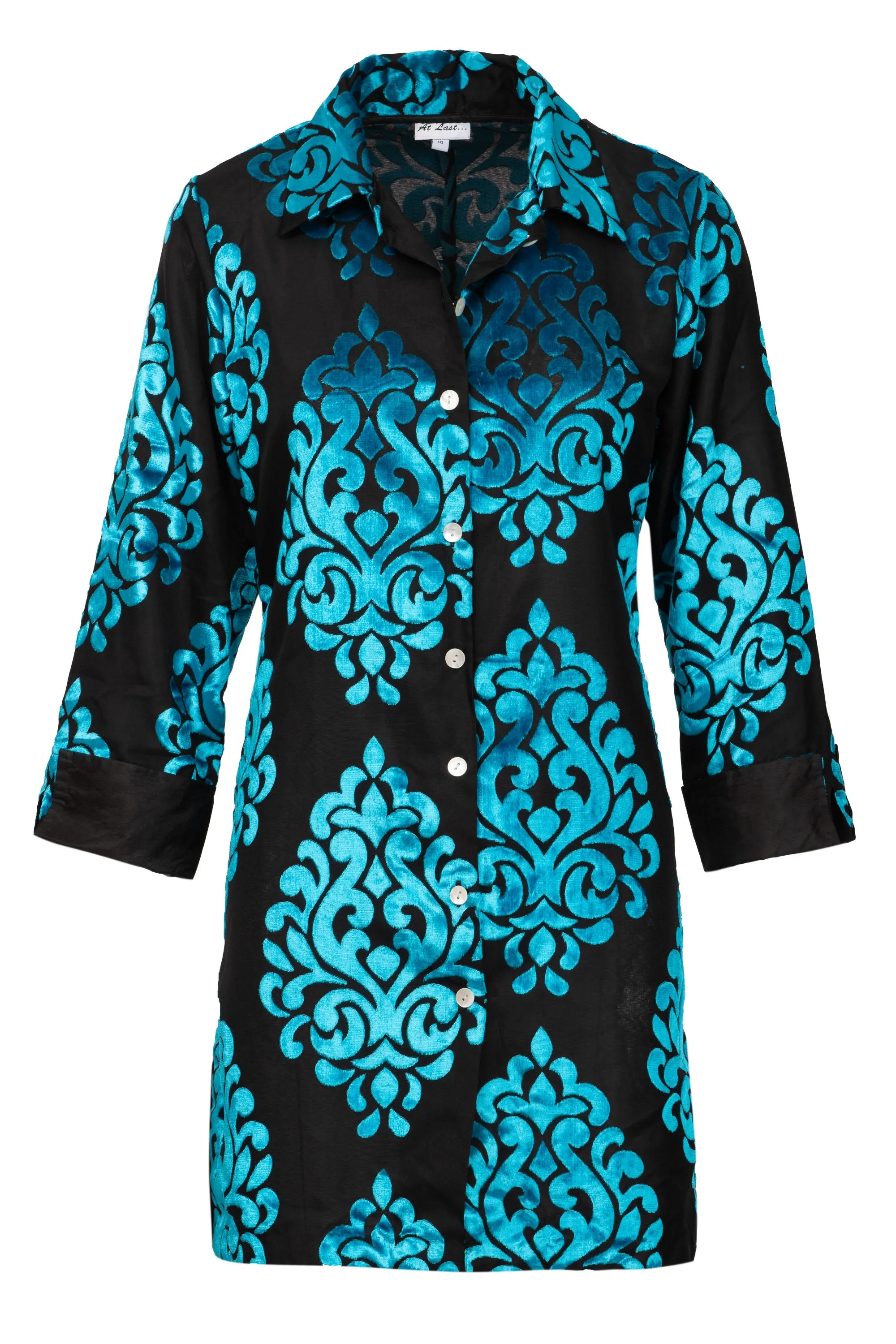 Amanda Silk Velvet Shirt - Turquoise Flower