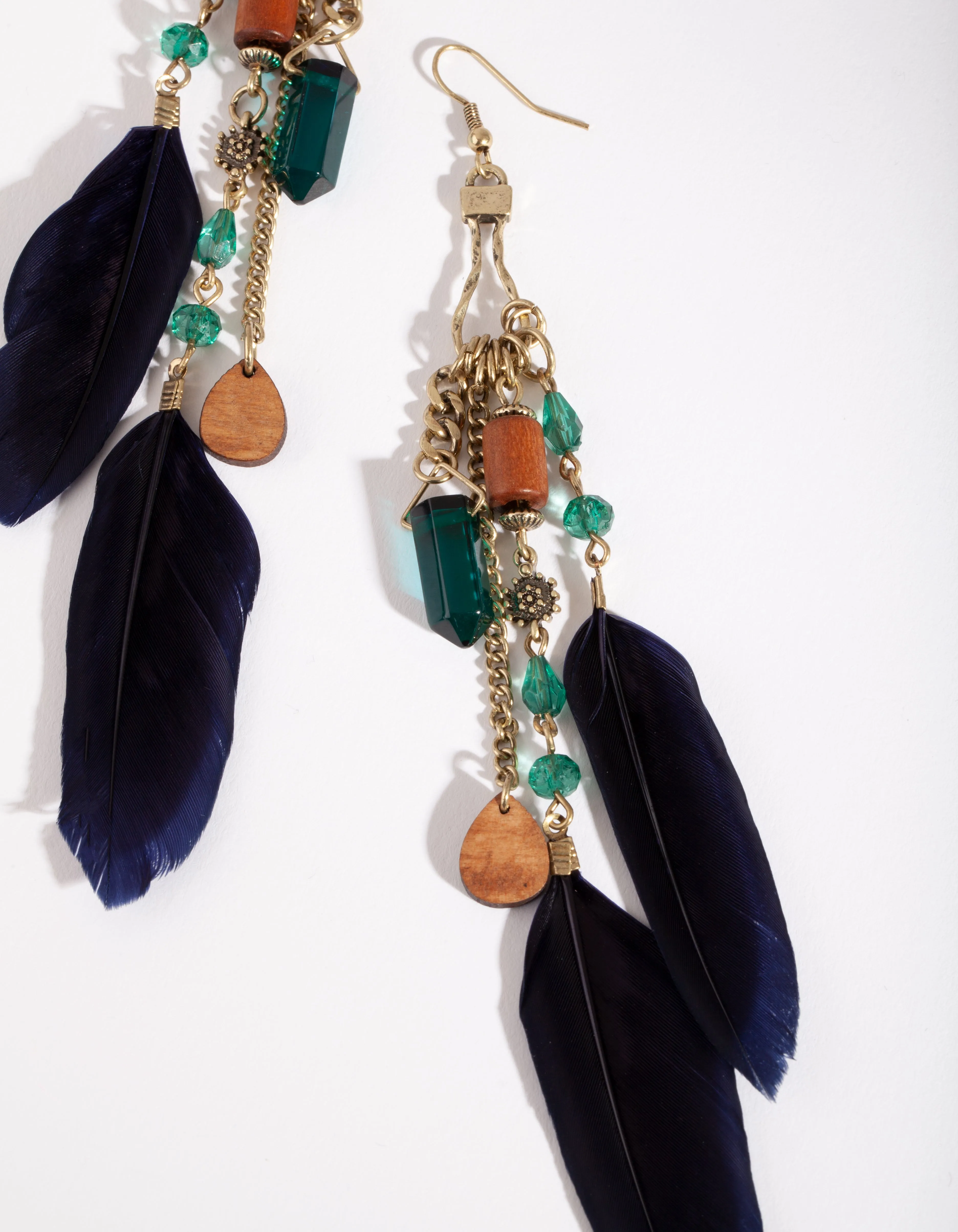 Antique Gold Chain Feather Bead Drop Earrings