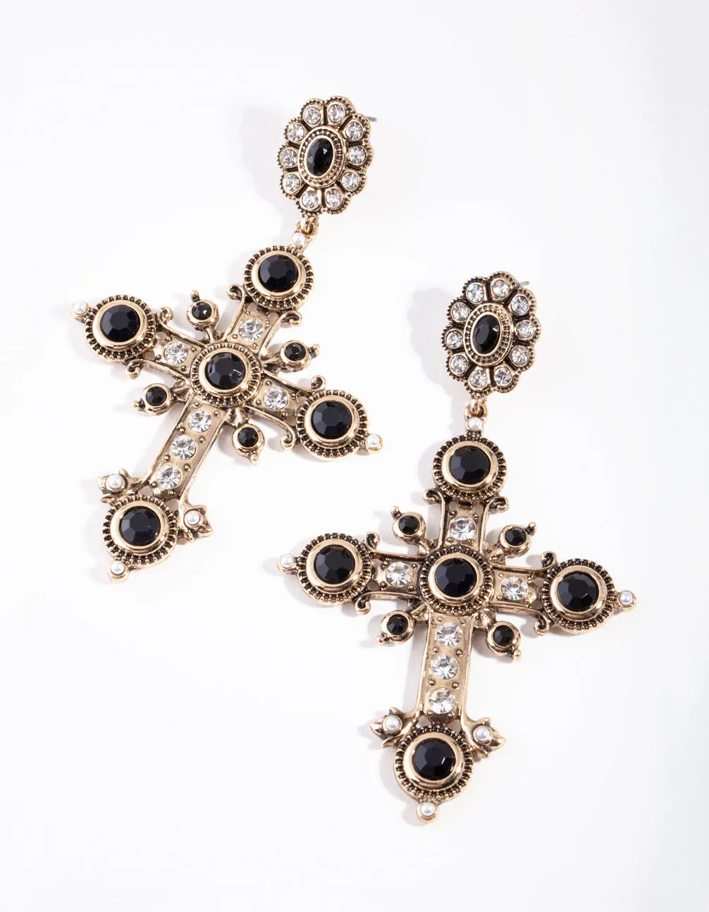 Antique Gold Statement Cross Earrings