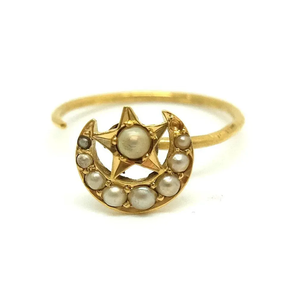 Antique Victorian Pearl Moon & Star Spike Ring