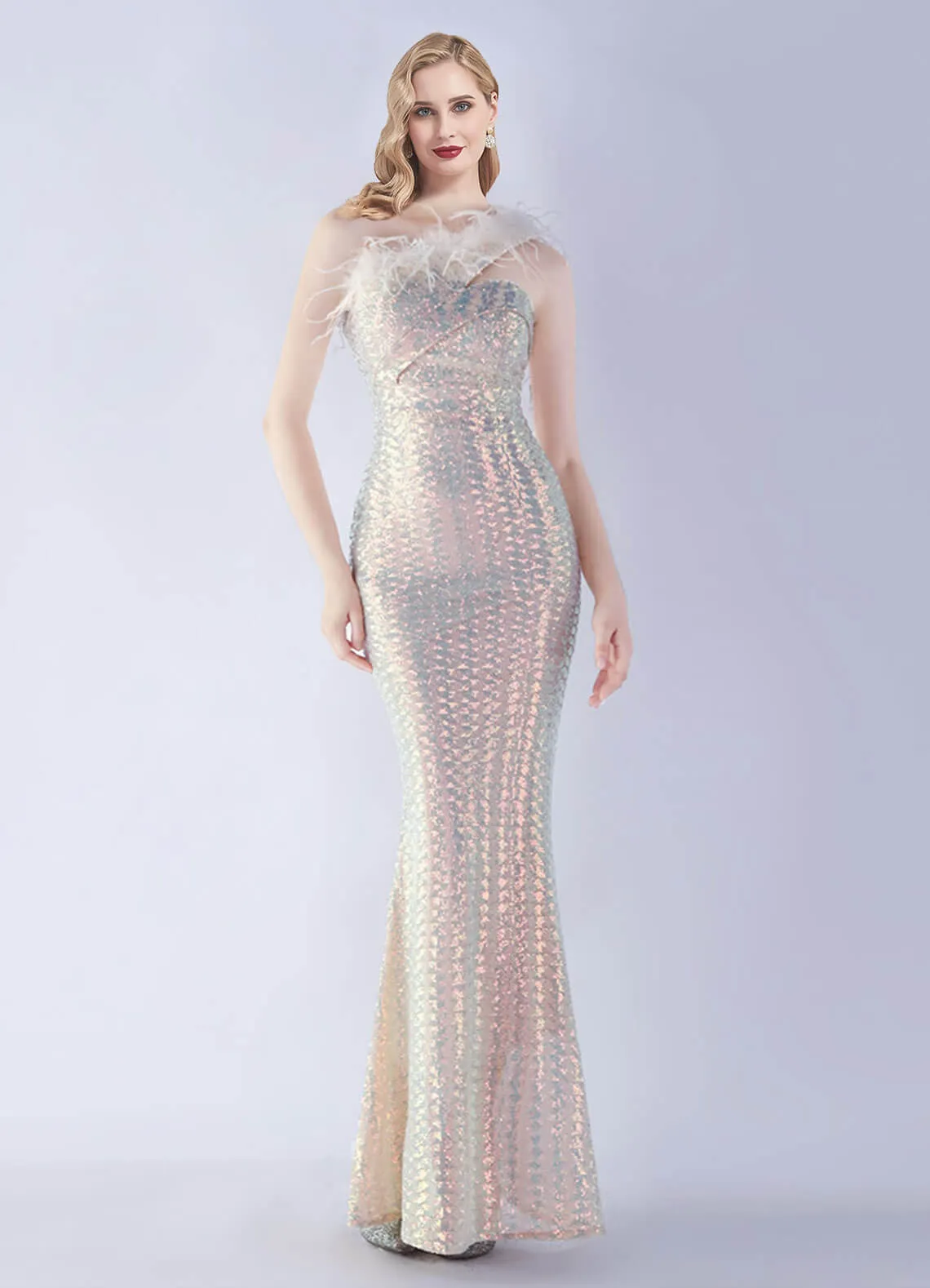 Apricot Multi Luxury One Shoulder Feather Sequin Mermaid Formal Gown