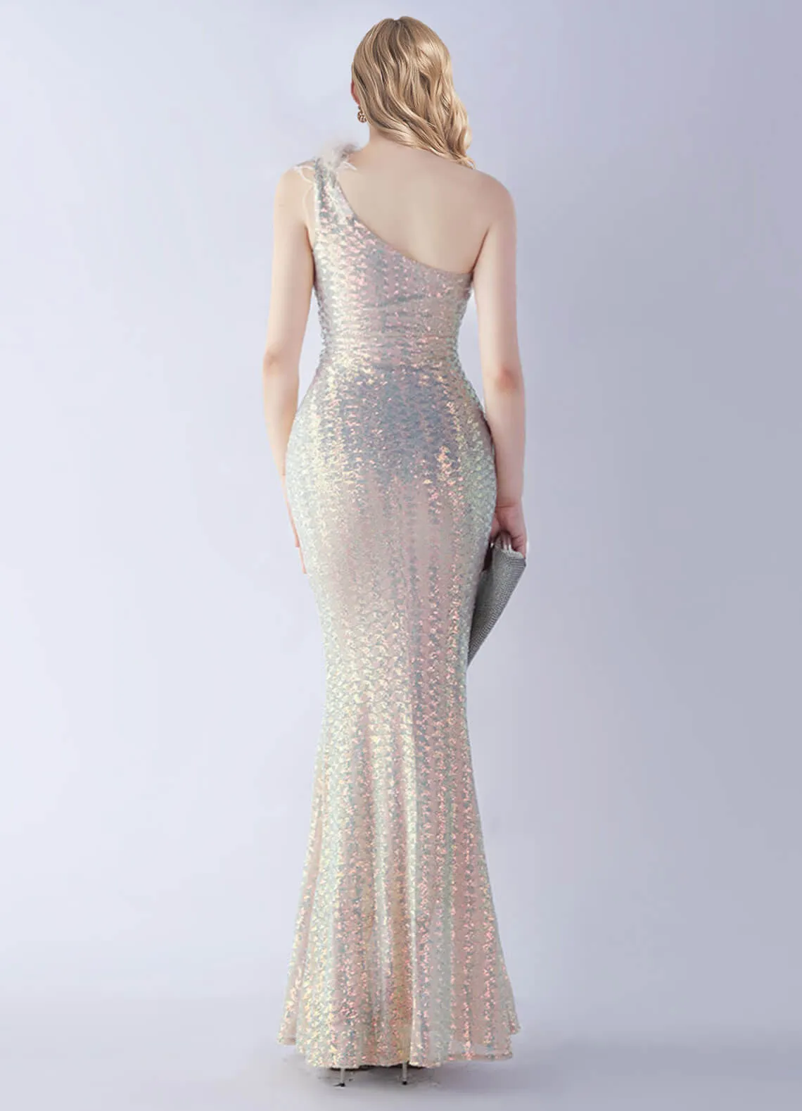 Apricot Multi Luxury One Shoulder Feather Sequin Mermaid Formal Gown