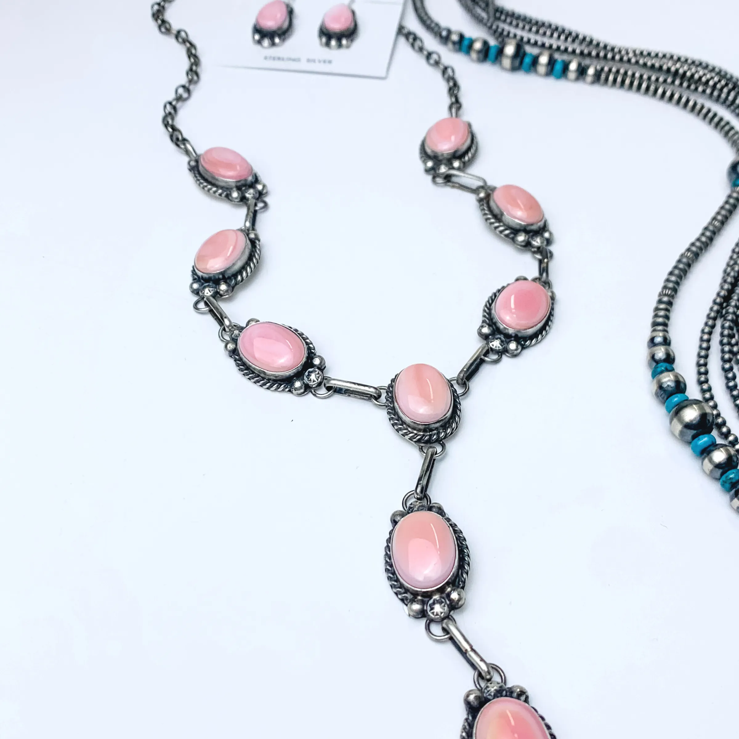 Augustine Largo | Navajo Handmade Sterling Silver & Pink Conch Stones Lariat Necklace   Matching Earrings