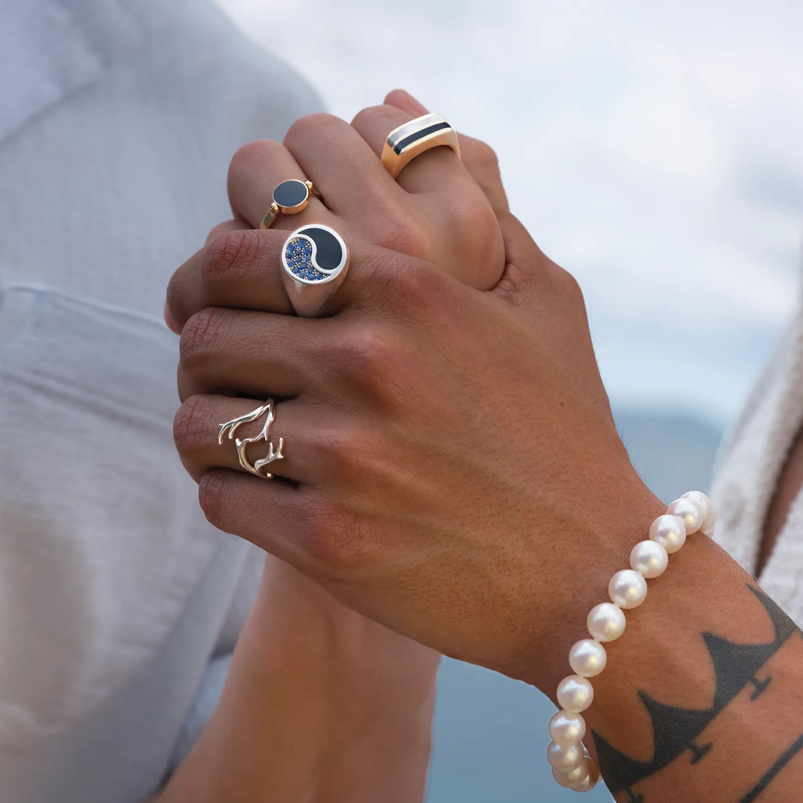 Black Coral Ring in Gold with Mother of Pearl