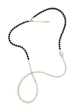 Black Obsidian and White Freshwater Pearls Long Necklace JN059