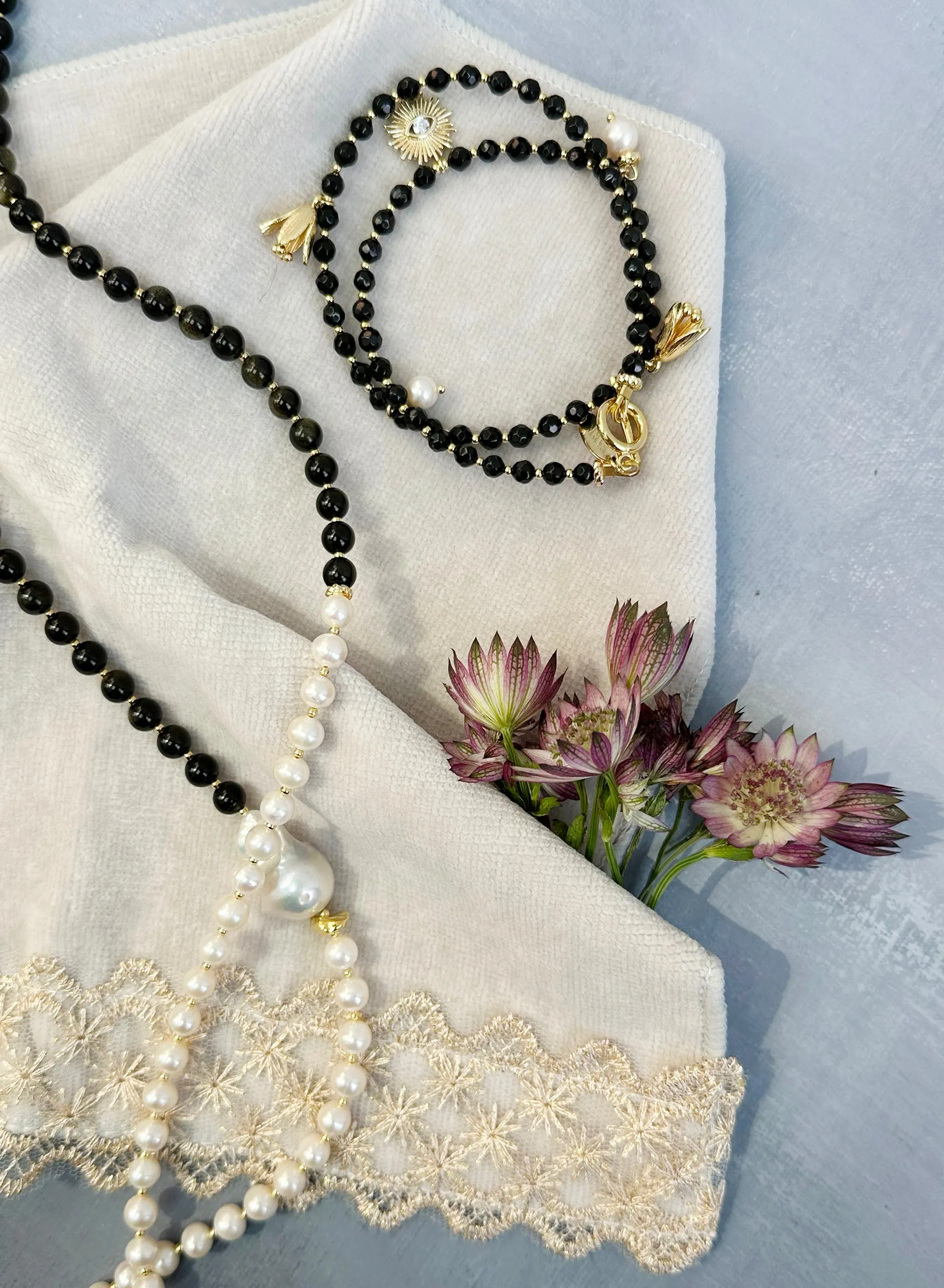 Black Obsidian and White Freshwater Pearls Long Necklace JN059