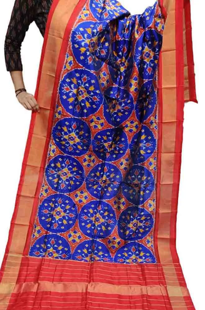 Blue And Red Handloom Ikat Pure Silk Dupatta