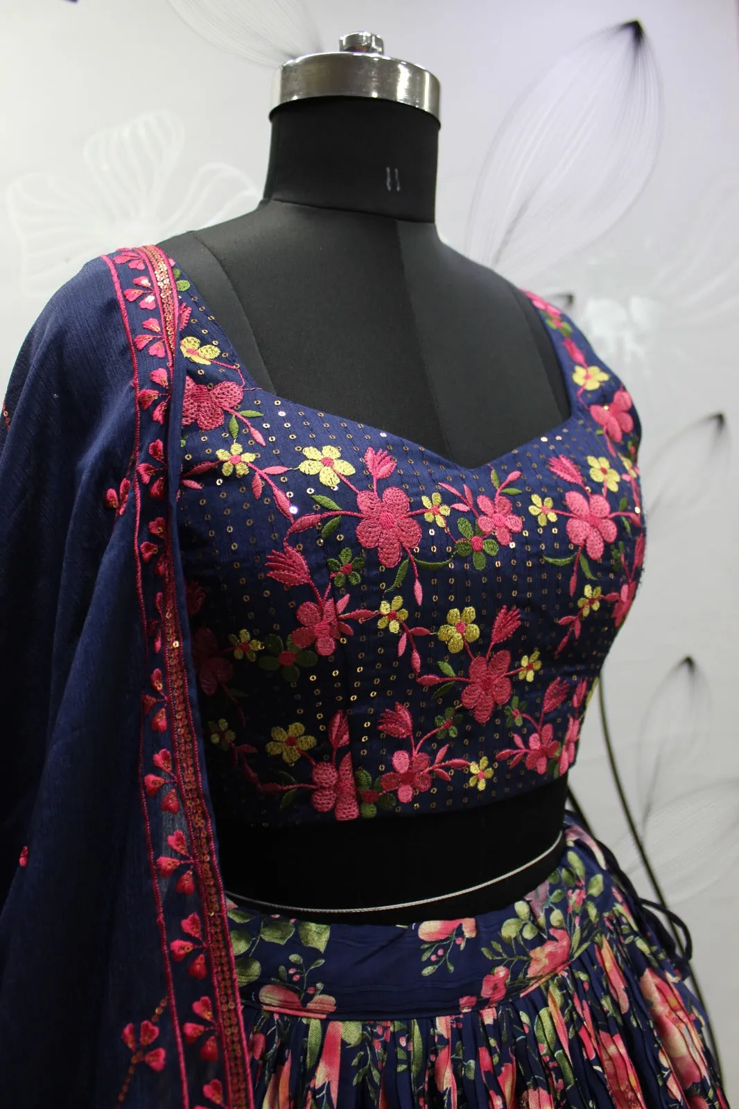 Blue Art Silk Floral Lehenga