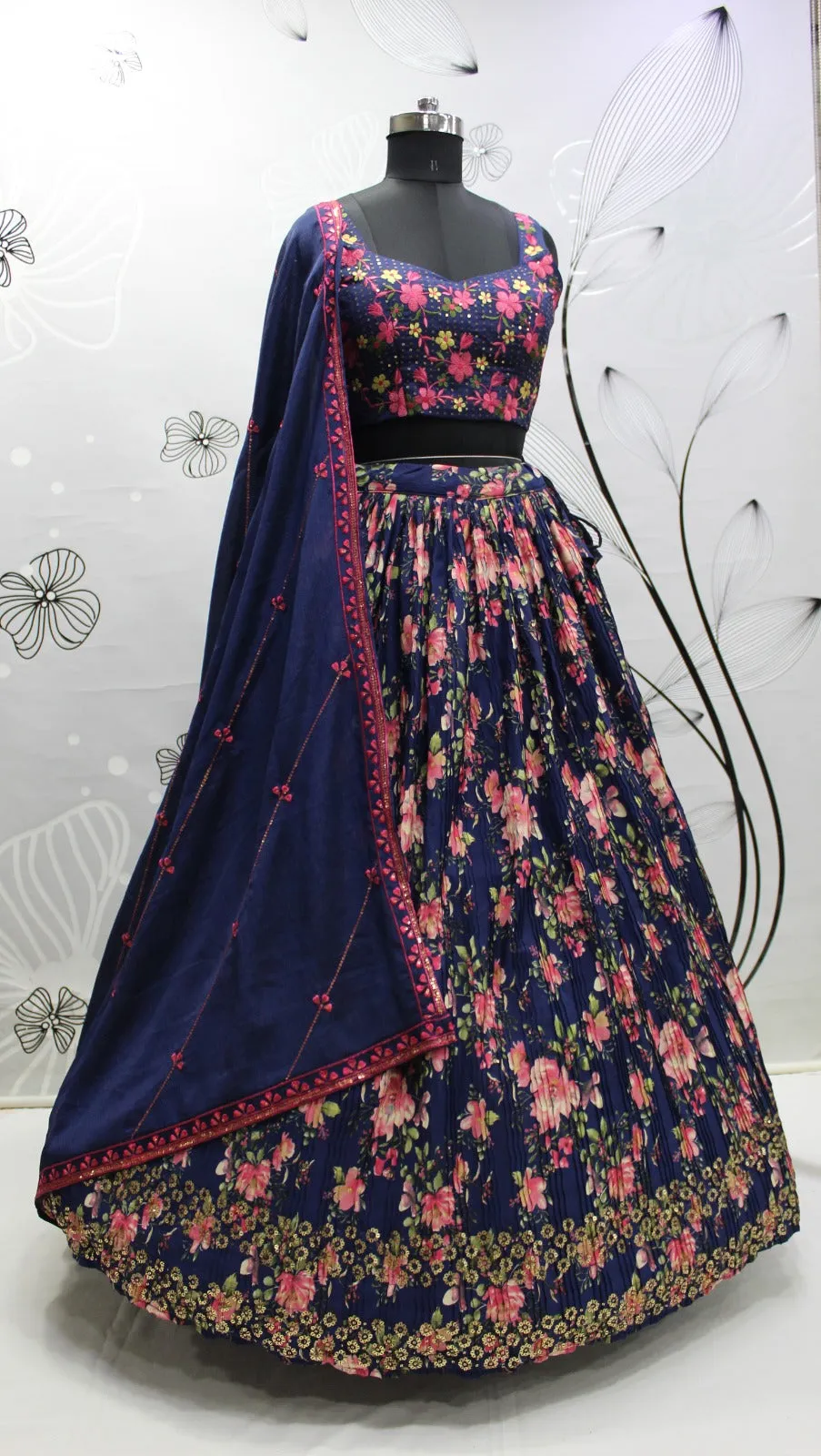 Blue Art Silk Floral Lehenga