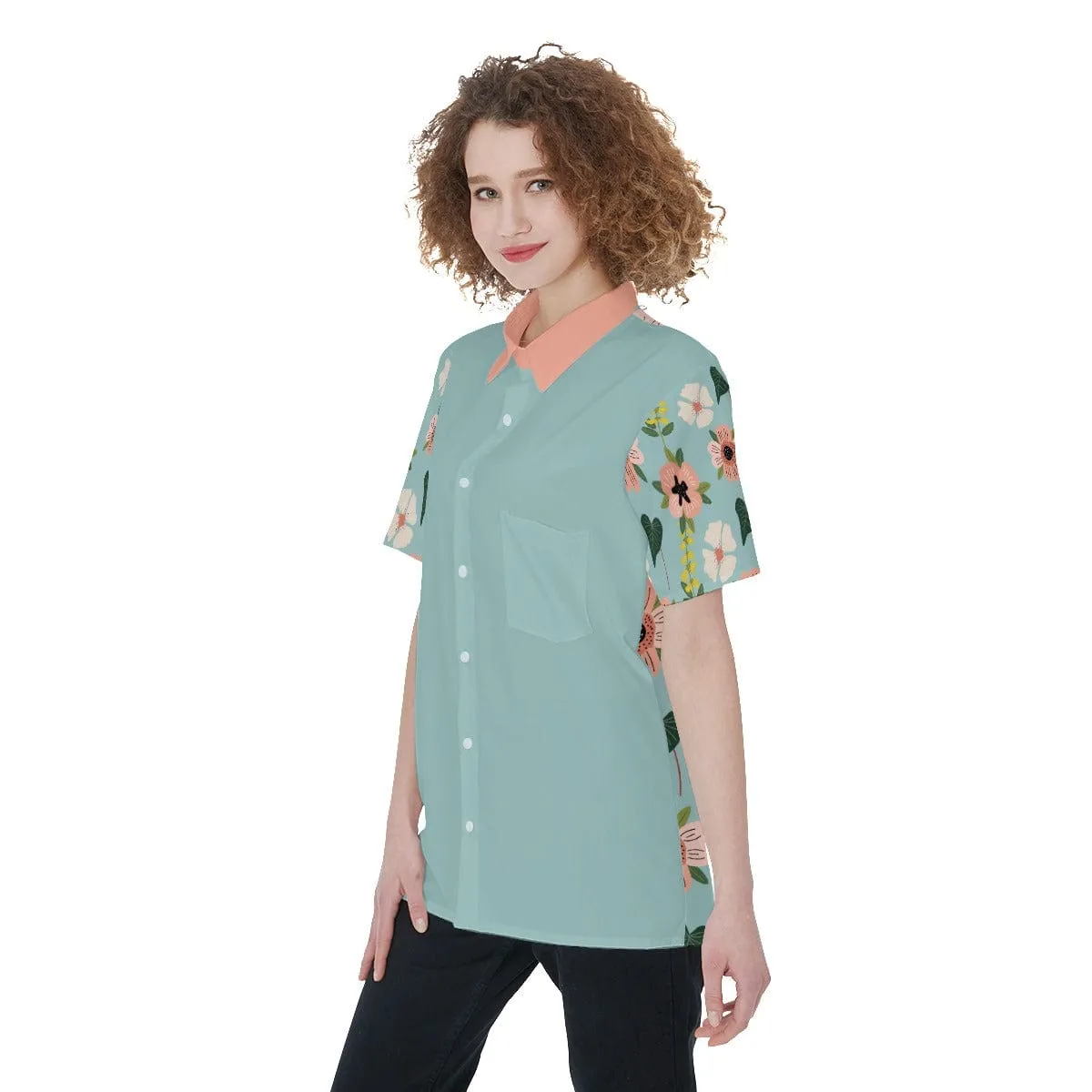 Blue Green Coral Floral - Women's Short Sleeve Shirt With Pocket