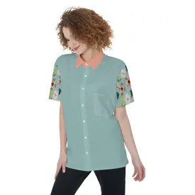 Blue Green Coral Floral - Women's Short Sleeve Shirt With Pocket